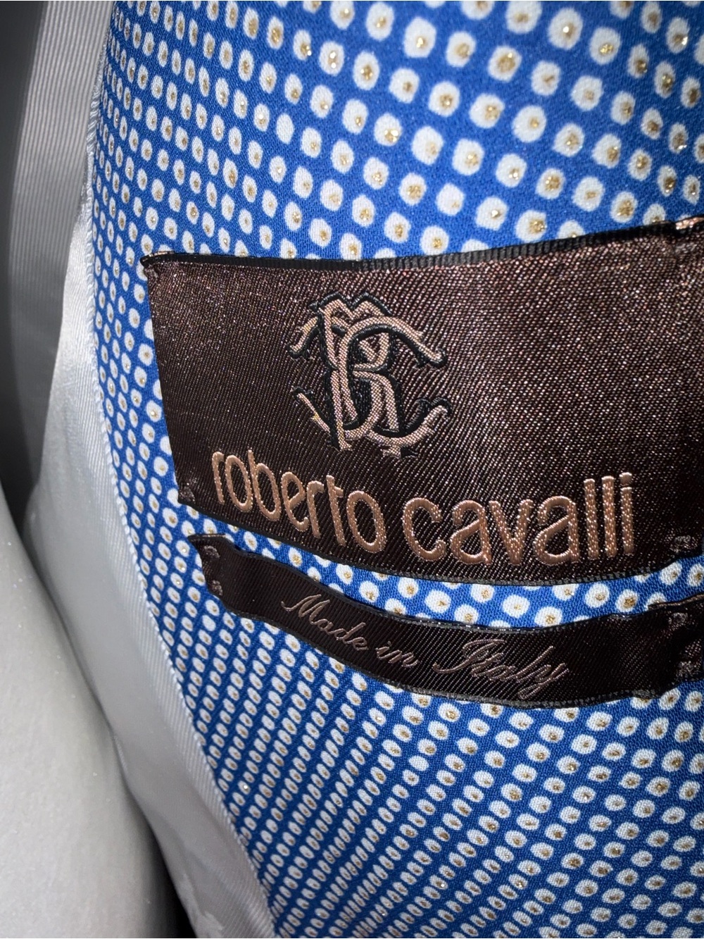 Roberto Cavalli Blue and White Polka Dot Silk Lining with Brown Label Size 38